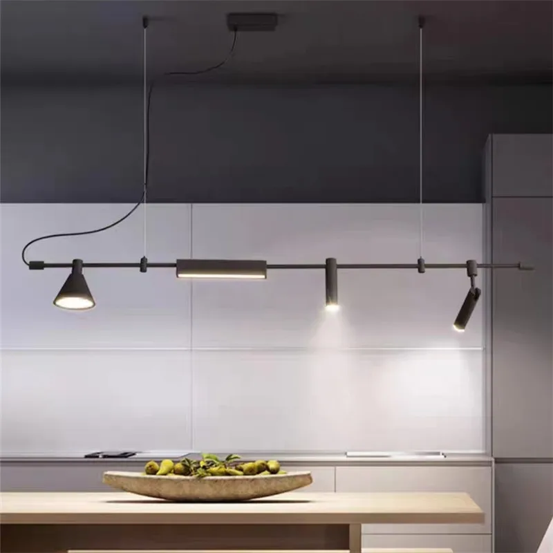 Minimalist Linear Chandelier LED Black Long Strip Hanging lamp postmodern design spotligt dining Room ]kitchen island lights