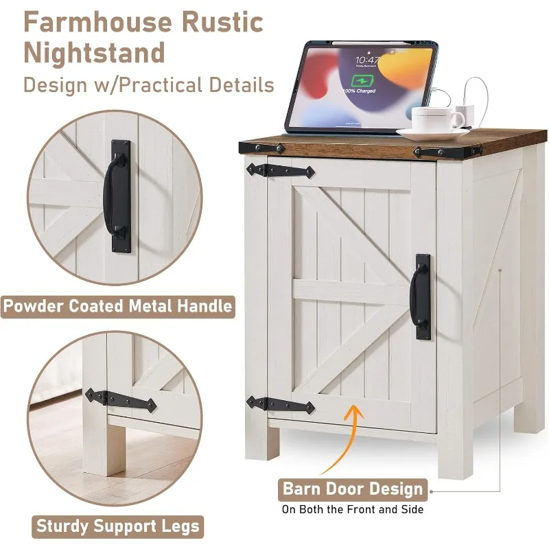 Nightstand with Charging Station, 18 Inch Farmhouse End Table with Barn Door and Adjustable Storage Shelf, Rustic Wood Sofa