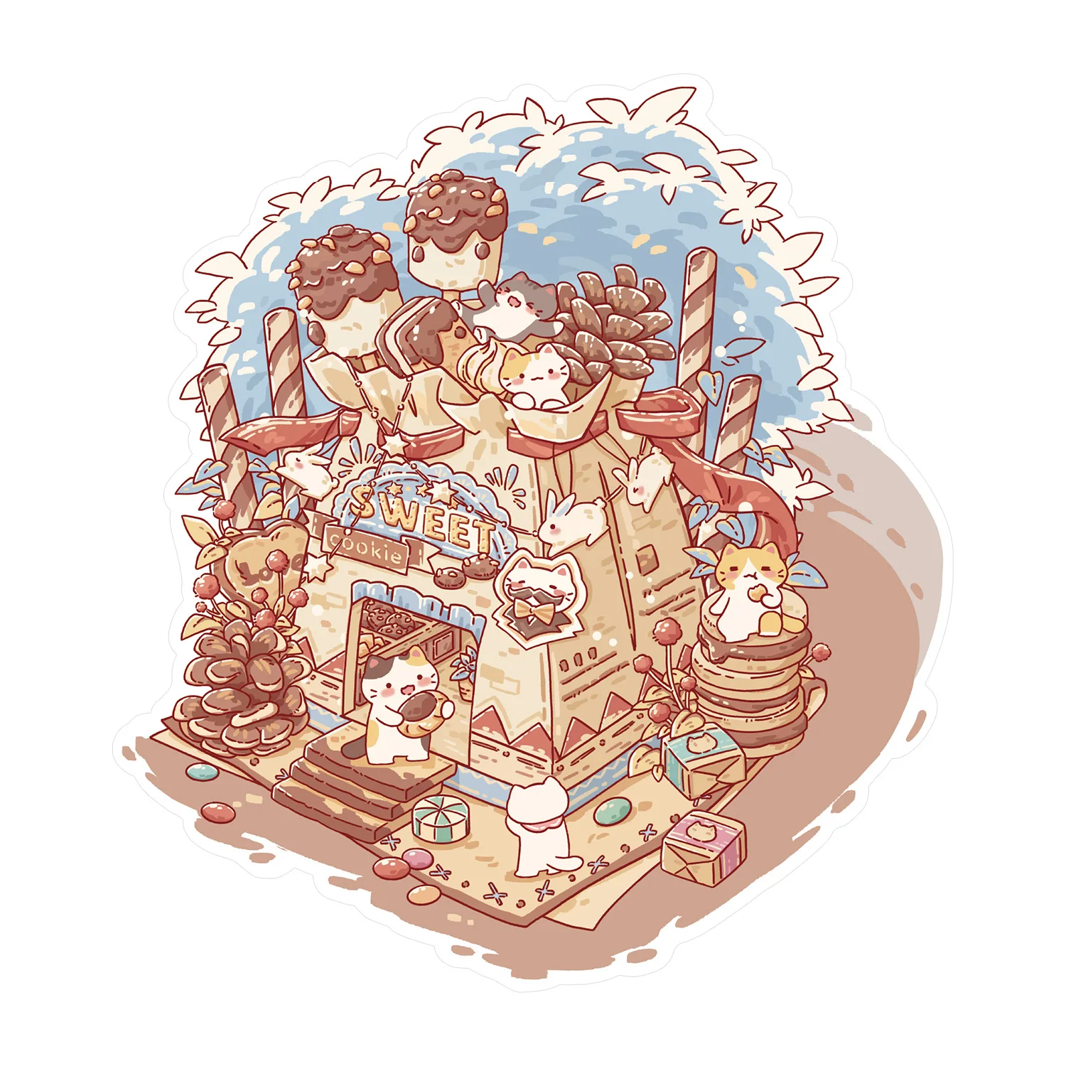 Cartoon Art Blue Landscaping Sticker Cute 3D Three-dimensional Hut Miniature Scene Student's Sticker