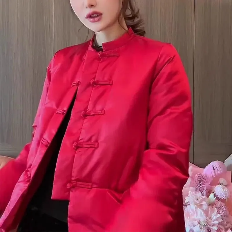 Chinese Style High-end Red Cotton Jacket Women Winter Warm Loose Cotton Womens Coat Retro Buckle Female Outerwear