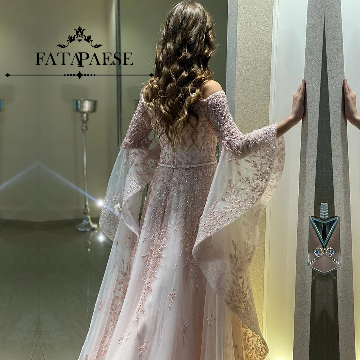 

FATAPAESE Customized Sparking Prom Gown with Pagoda Fluffy Sleeves Glitter Cathedral Tail Gown فساتين مناسبة رسميةFormal Ba