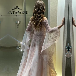 FATAPAESE Customized Sparking Prom Gown with Pagoda Fluffy Sleeves Glitter Cathedral Tail Gown فساتين مناسبة رسميةFormal Ba