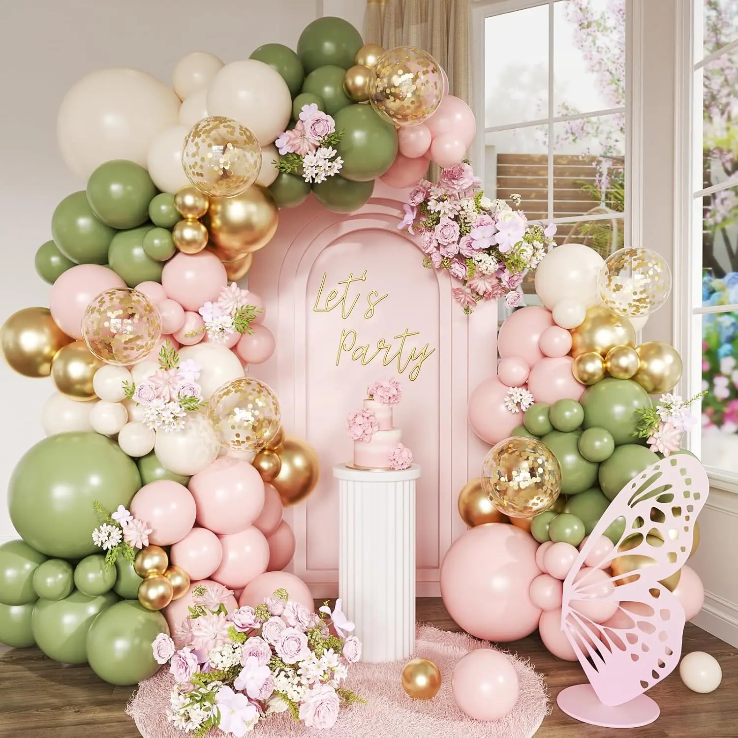 112Pcs Pink White Sand Dusty Green Gold Confetti Balloon Arch Kit for Baby Bridal Shower Wedding Engagement Birthday Party Decor