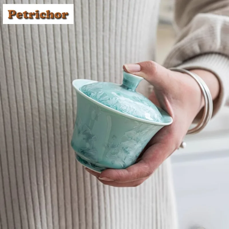 

130 мл Kiln Fambe Crystal Glaze Ice Gaiwan Чайная подставка ручной работы Чайная чаша с крышкой Набор Чайник Крышка Чаша Чайные услуги Украшение