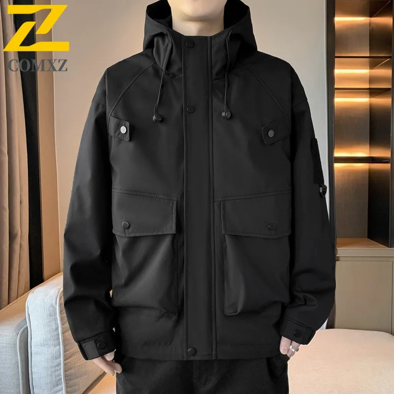 

COMXZ Men Jacket Premium Hood Collar Outdoor Running Lightweight Windbreaker Casual Multi Pocket Windproof Autumn Men Clothing