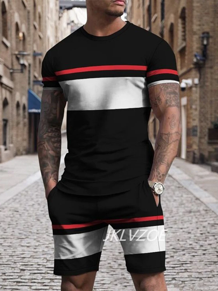 Stripe printing Men\'s 2-Pcs Casual Fashion Outfit Short Sleeve T-Shirt Shorts Set For Stylish Summer Workouts Athleisure Wear