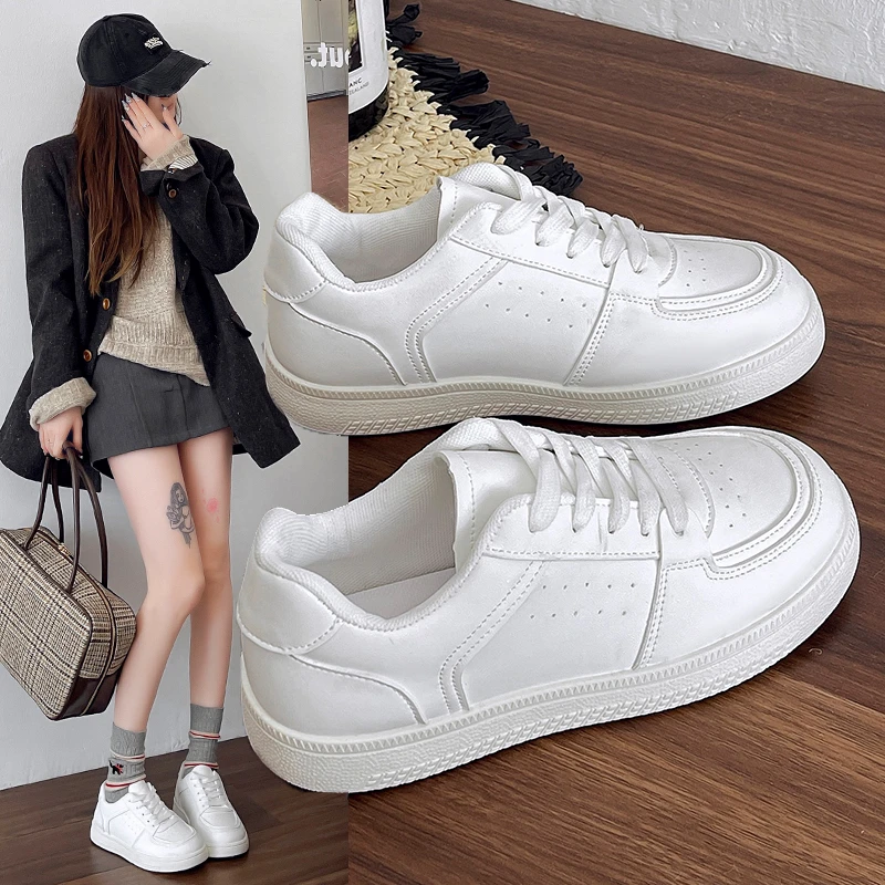

2025 Spring Women's Outdoor Sports Shoes Solid Color White Shoes Faux Leather Lace-Up Shoes Athletic Sneakers For Casual Activit