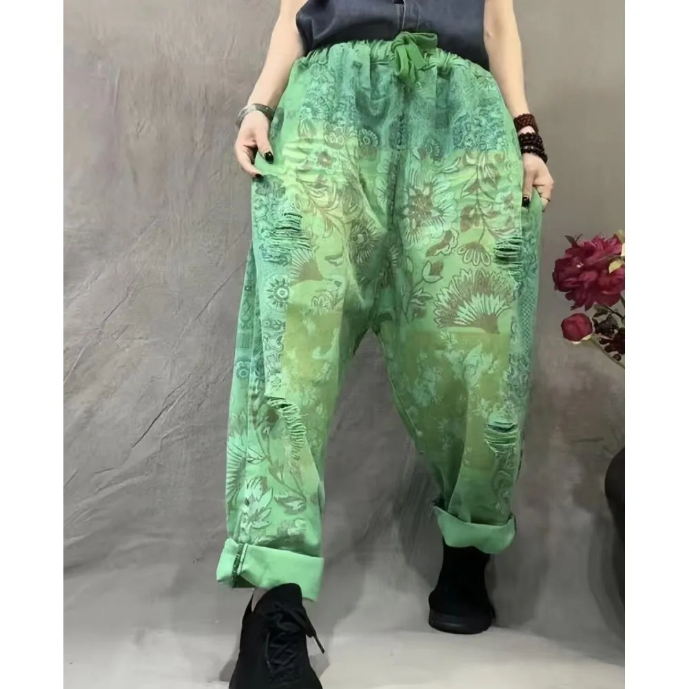 

2024 Autumn Loose Large Size Casual Pants Women Printed Green Denim Jeans Broken Holes Wide Leg Pants LX1882