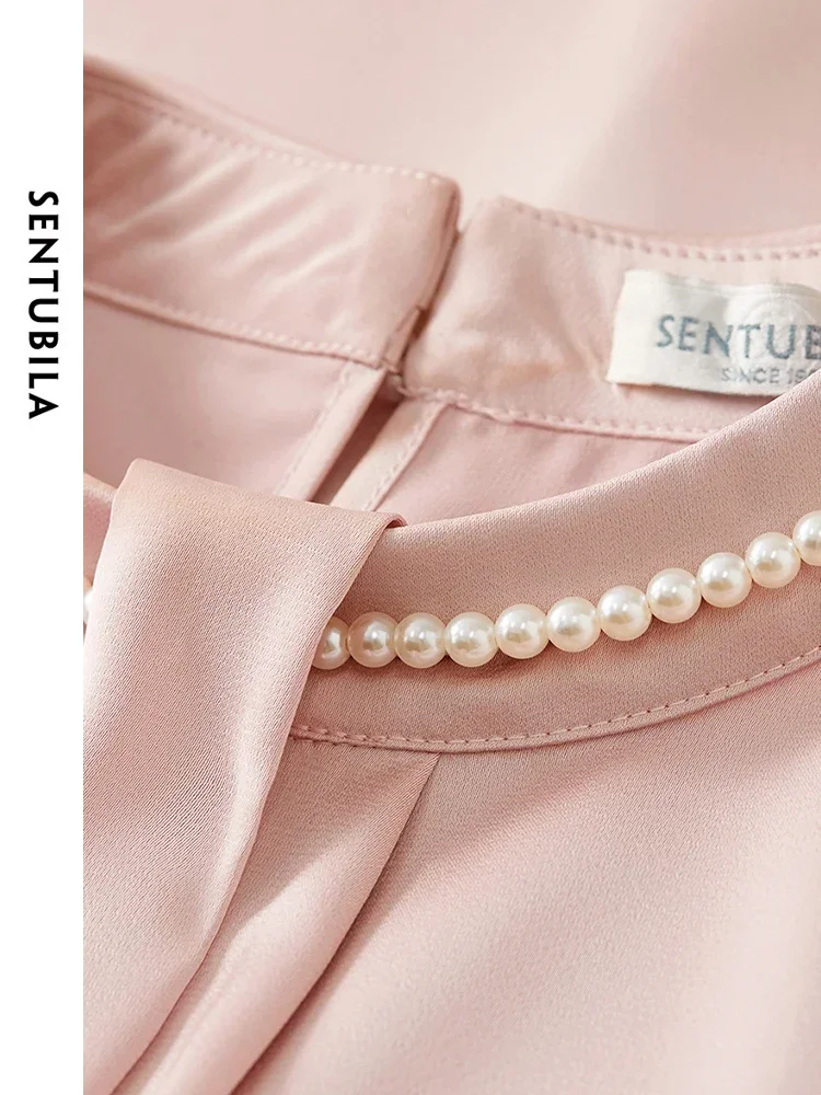 SENTUBILA Women High-end Satin Blouse 2024 Spring Autumn Elegant Long Sleeve Tops Lady Commute Pink Shirts & Blouses 141V53329