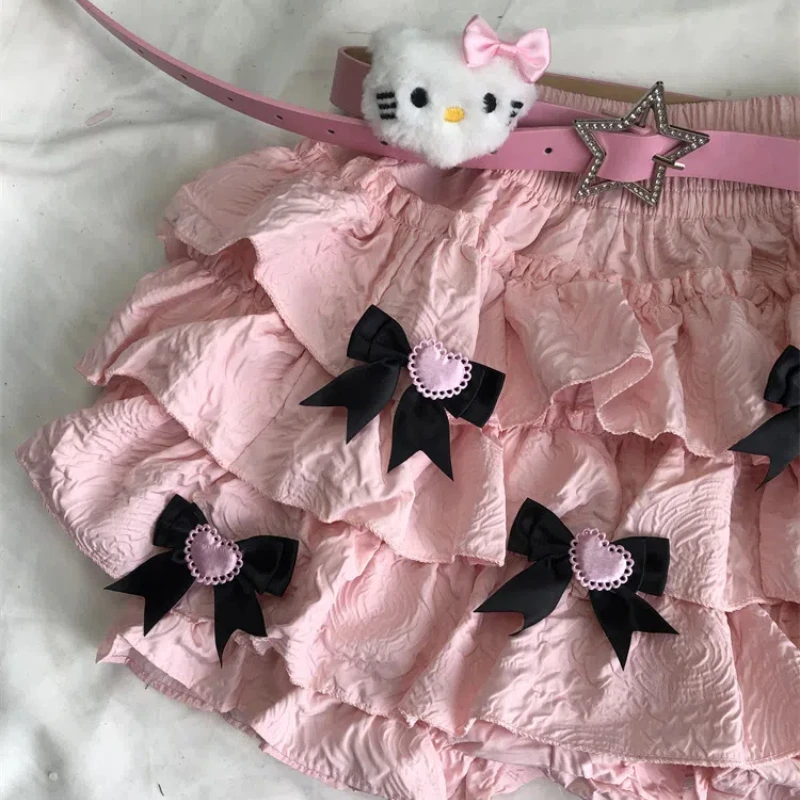 Japanese Sweet Fresh Lolita New Summer 2024 Spliced Elasticized High-waisted Bow Folds Fashion Solid Color Casual Cake Skirts