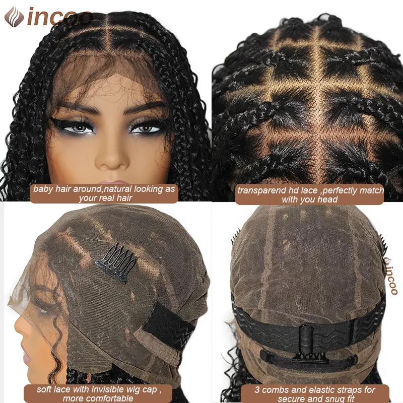 Parrucche intrecciate Boho corte da 12 pollici parte quadrata scatola senza nodi trecce parrucca ricci estremità parrucca sintetica piena del merletto parrucca Bob Cornrow per le donne