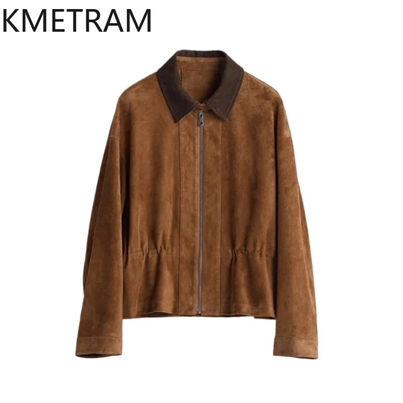 KMETRAM Genuine Leather Jacket Woman Crossbreed Sheep Suede Leather Coat Waist-tight Short Coats Maillard Color Outerwear 자켓