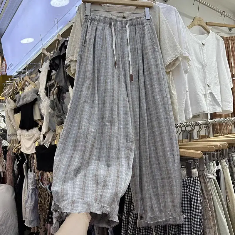 

plus Size 300 Pou American Retro Plaid Wide Leg Pants Men's Summer Thin Design Casual Pants High Waist Straight Leg Trousers