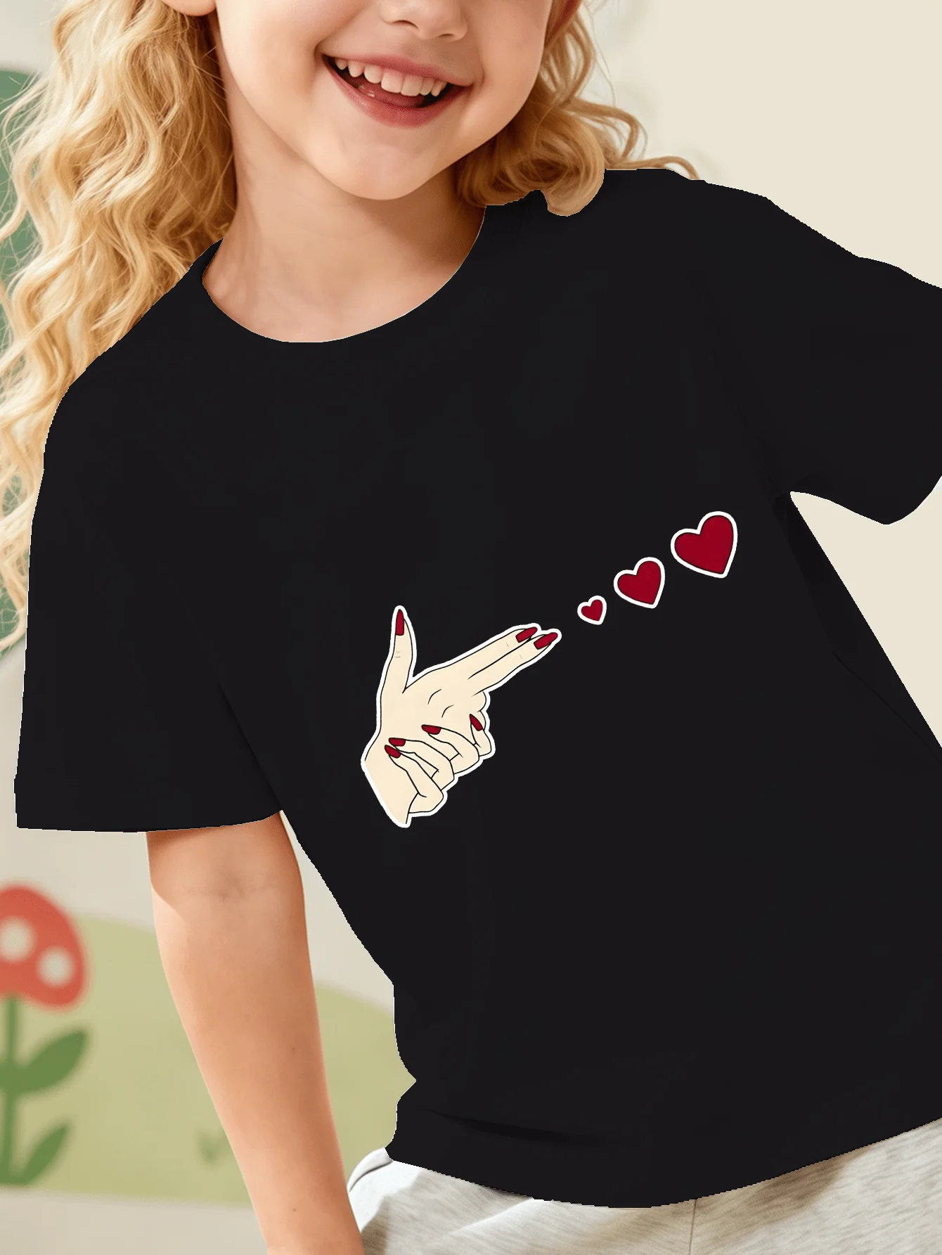 Hand Gesture Shooting Red Hearts Cute Cartoon Graphic Kids T Shirt Boys Girls Family Matching Summer Crew Neck Short Sleeve Tee