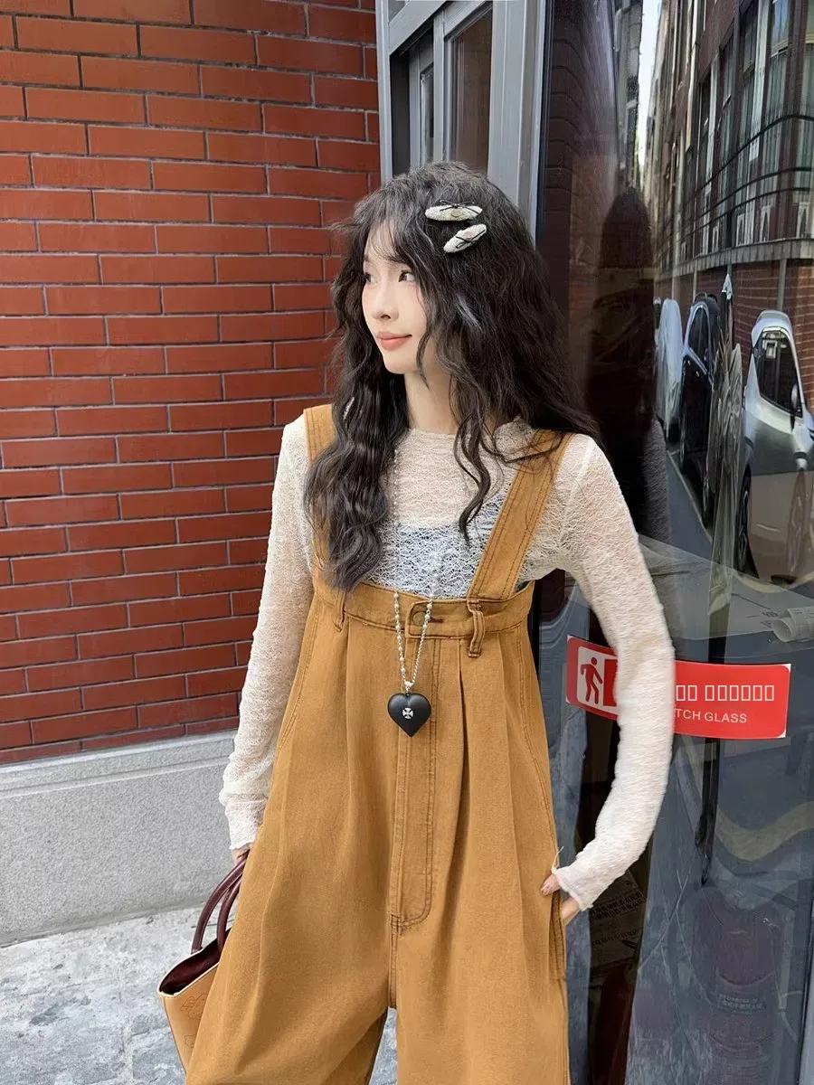 เอี๊ยมยีนส์สไตล์อเมริกันย้อนยุคสำหรับผู้หญิง ฤดูใบไม้ผลิ ฤดูใบไม้ร่วง ดีไซน์เกาหลี ทรงหลวม ช่วยให้ดูผอม ทรงตรง ยาวคลุมเท้า แบบชิ้นเดียว