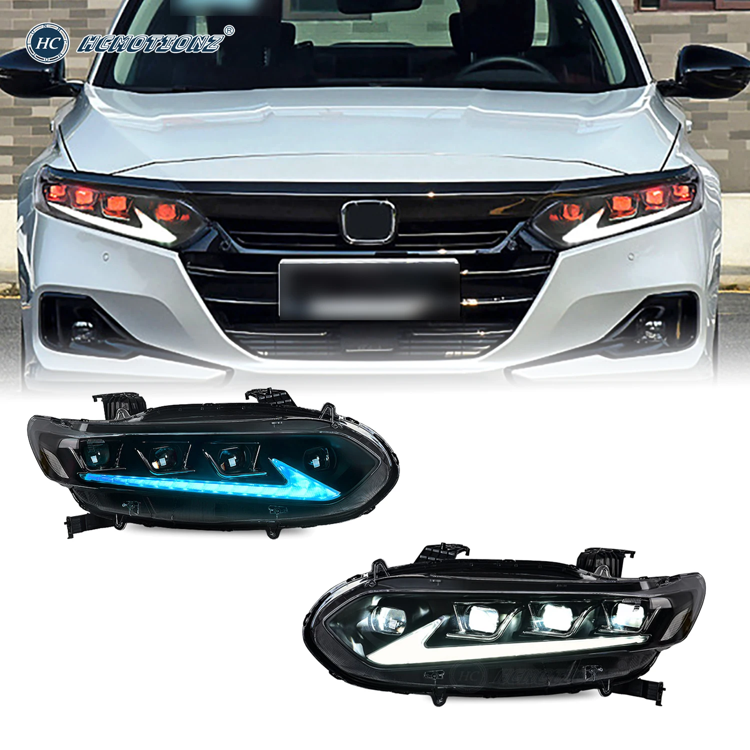 

Полностью светодиодные фары в сборе, 10-е поколение 2018-2021 с красными глазами демона, 4 линзы, автомобильные передние фары для Honda Accord