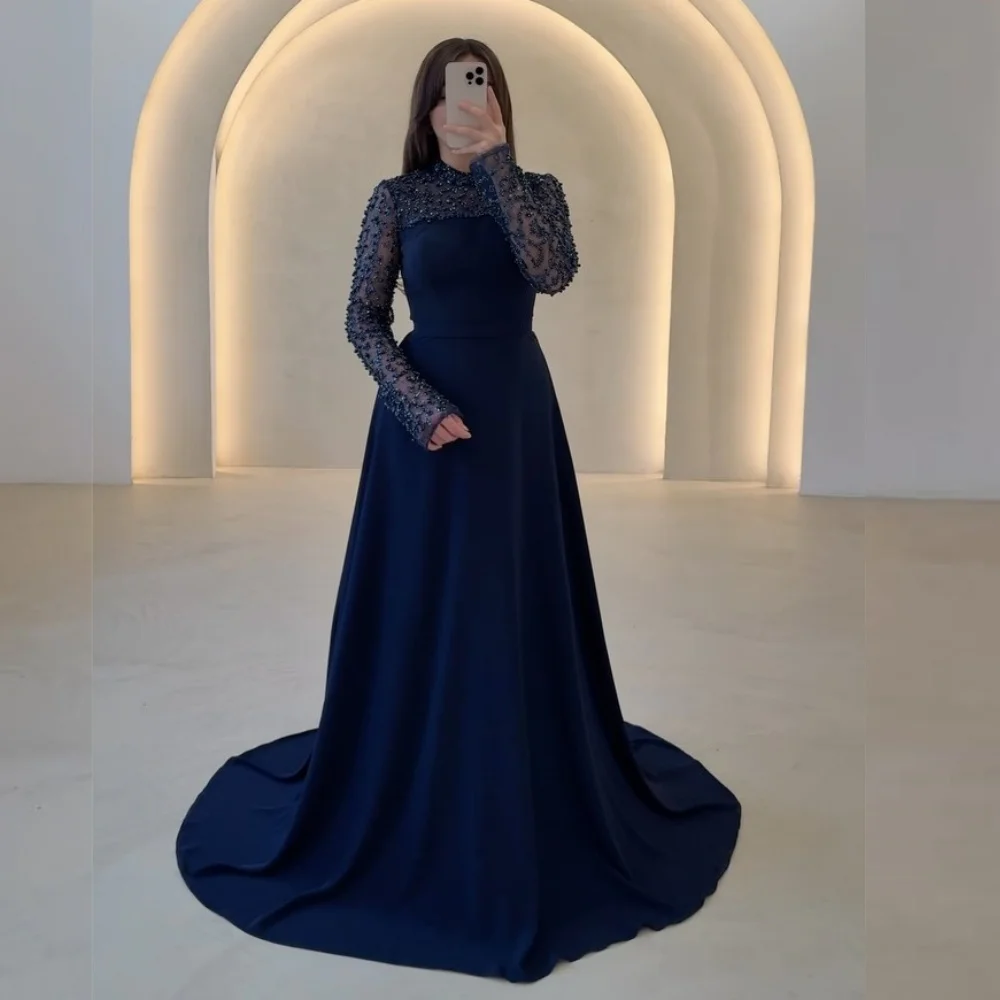 

Customized Beading High Collar A-line Floor-length Bespoke Occasion Dresses Evening Dress Luxury Sparkle Elegant Formal