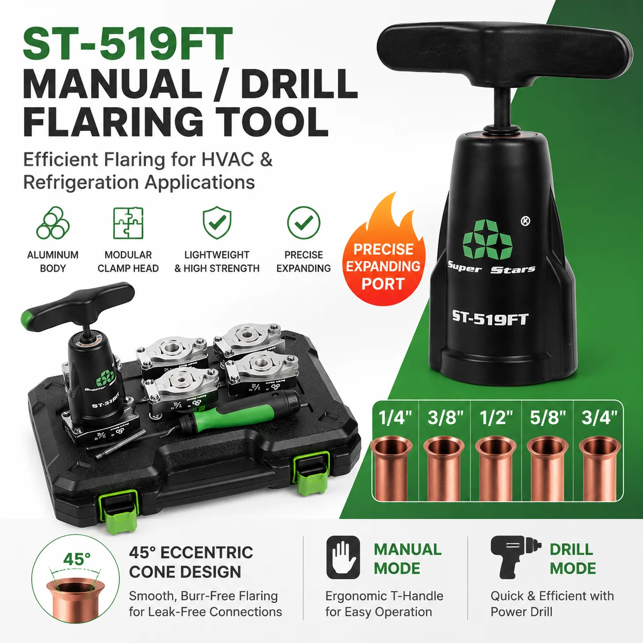 ST-519FT Dual-purpose Copper Pipe Expander Set Hand Electric Drill Flaring Tool Bell Mouth Metric Reamer for AC Repair