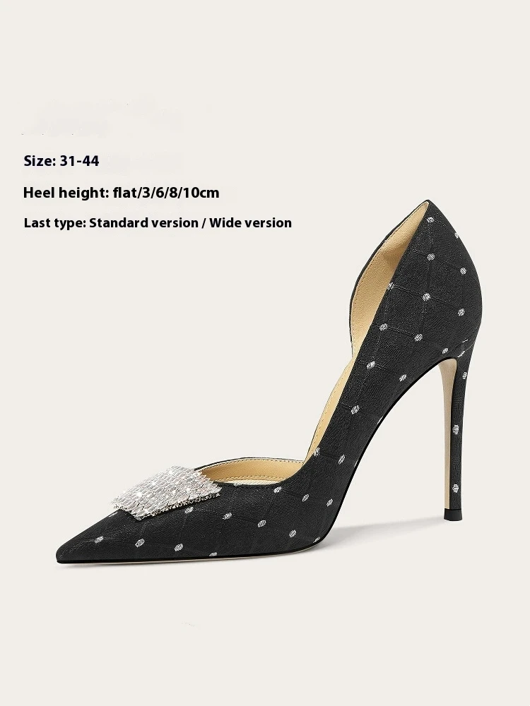 

Spring new pointed suede side empty rhinestone flat shoes thin high-heeled banquet dress large size small size women's shoes