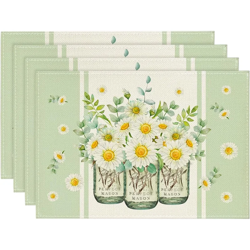 4Pcs, Eucalyptus Leaf Daisy Vase Placemats, Washable, Suitable for Holiday Parties, Home Decor, Kitchen Countertops, Rectangular