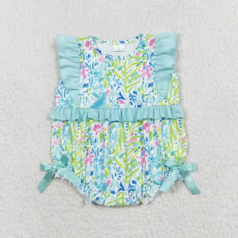 New rts baby girls summer romper wholesale boutique floral blue green lace vest rompers SR1022