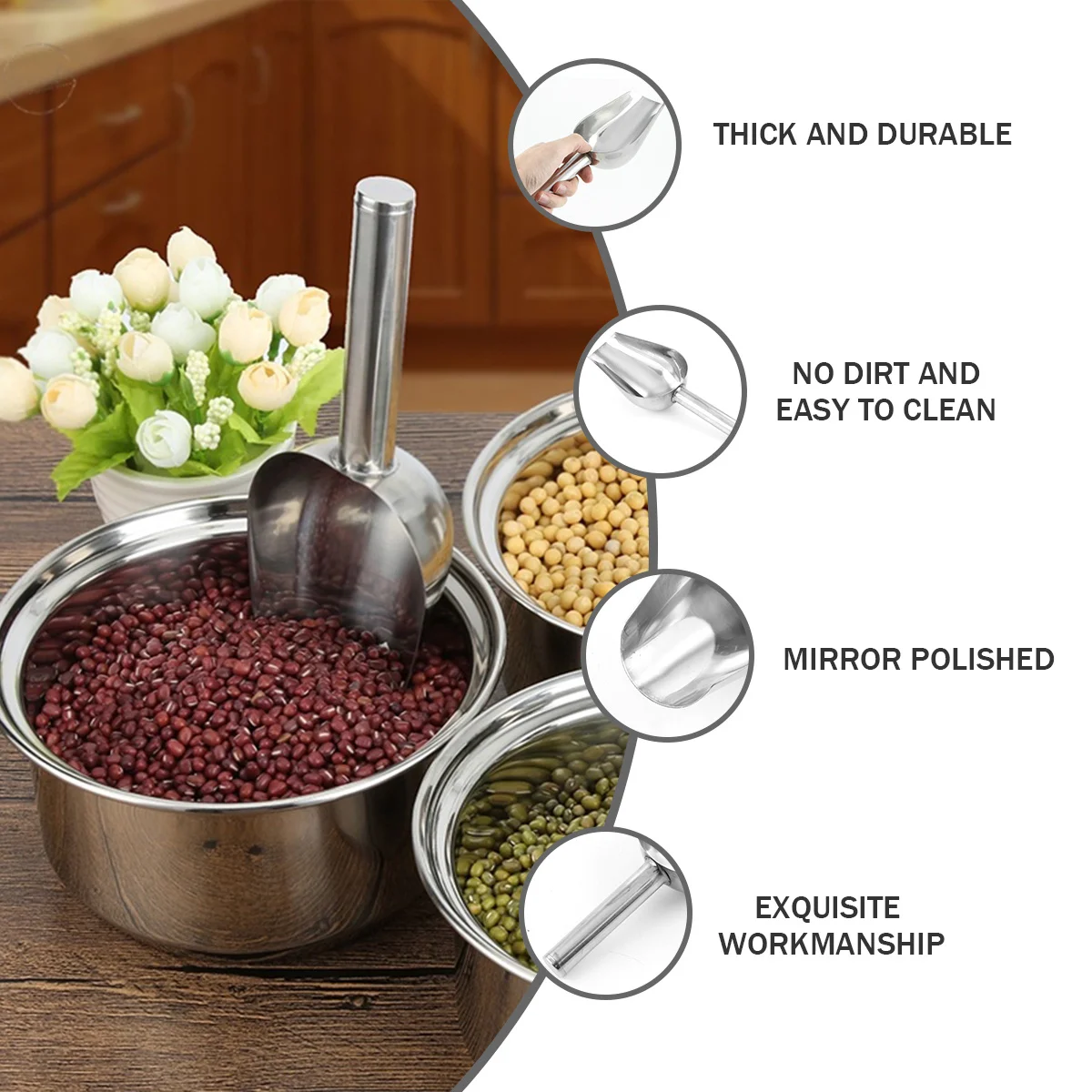

Stainless Steel Pet Food Scoop 205G Capacity For Dog Food Dry Kibble Candies Nuts Flour Coffee Beans Popcorn Spices