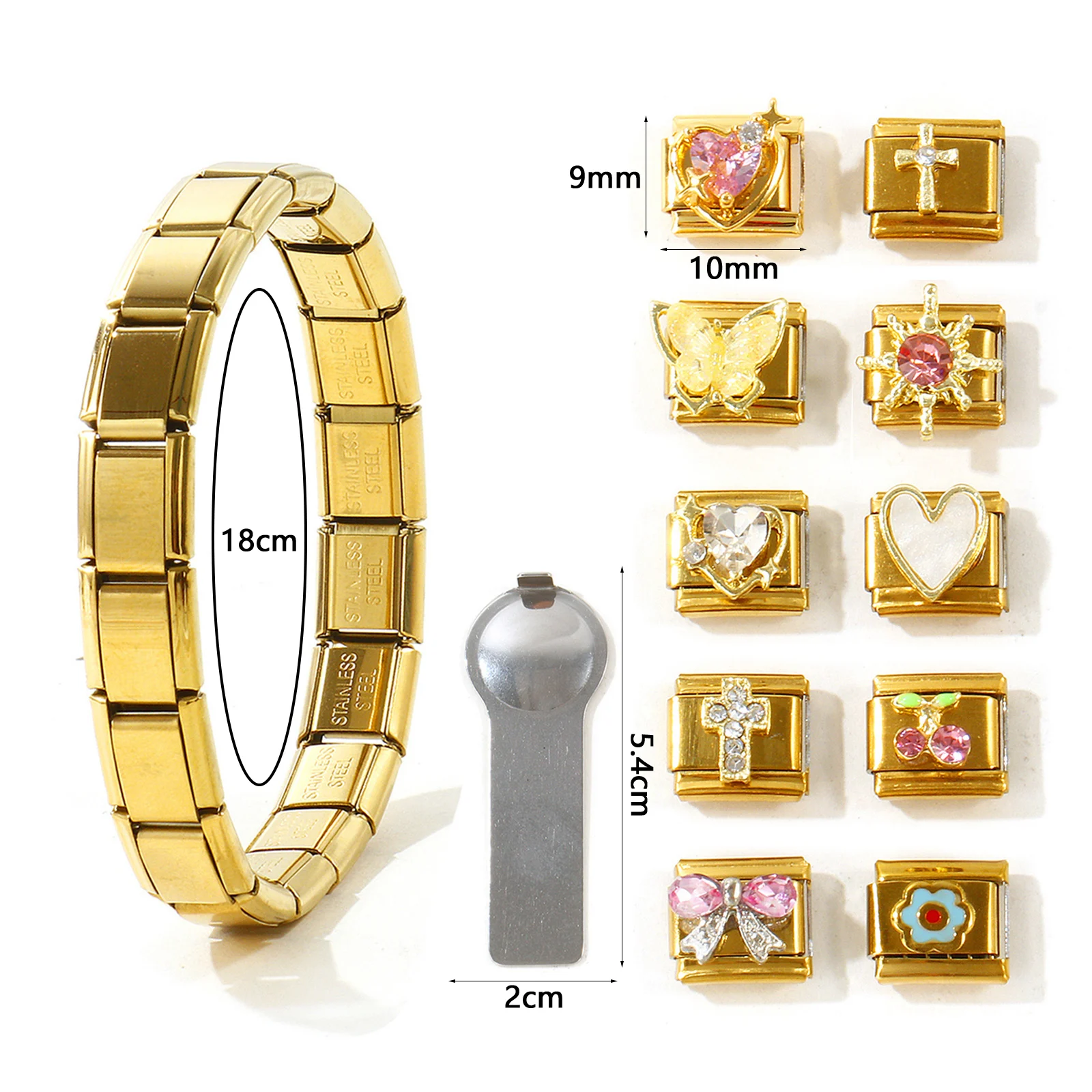 1Set 9mm Italian Charm Bracelet Starter Kit Stainless Steel Gold Plated 10 Pcs Rhinestone Enamel Charms Removal Tool DIY Jewelry