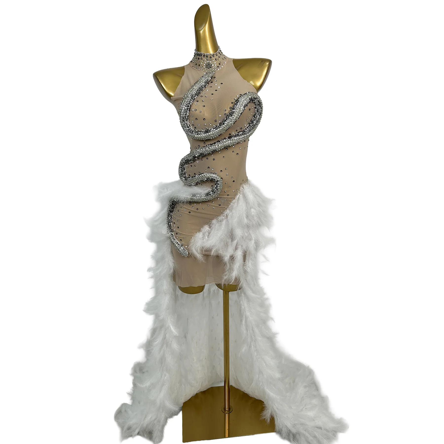Designer 3D Snake Rhinestone Feathers Mermaid Long Dress Plus Size Women Evening Banquet Trailing Dress Singer Stage Costume