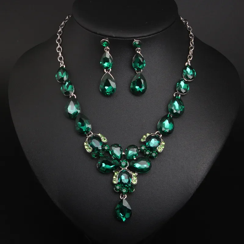 

Romantic Flower Crystal Wedding Bridal Jewelry Sets for Women Green Rhinestone Pendant Necklace Earrings Set Dubai Accessories