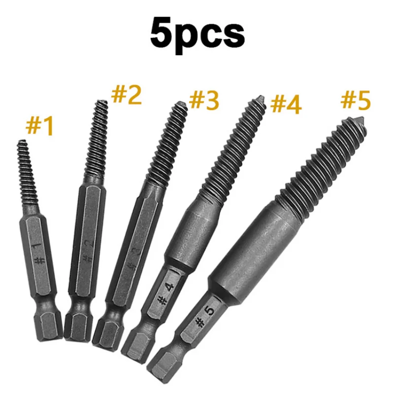Extractor de tornillos de 5 piezas, juego de guía de brocas centrales, removedor de pernos dañados rotos, vástago hexagonal y llave inglesa para herramienta de mano rota
