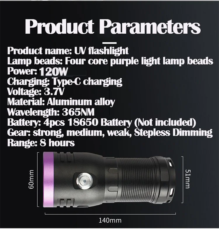 Linterna UV de alta potencia, luz púrpura, espejo negro, linterna recargable tipo C, 6 núcleos, 365nm, 120W, identificación especial