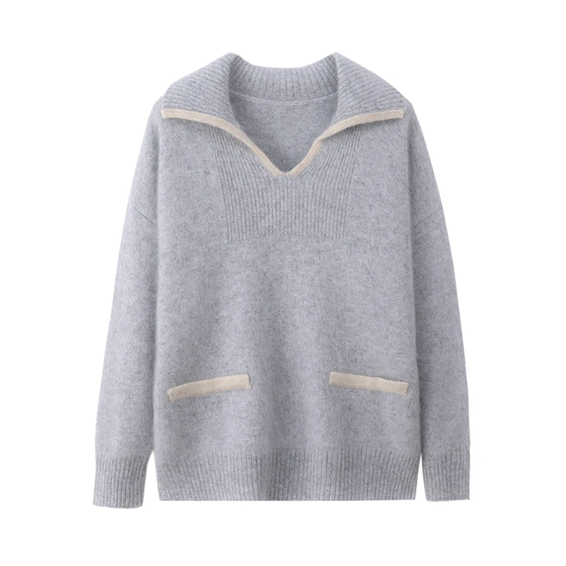 Chic Preppy Style Turn-Down Collar 100% Mink Cashmere Women's Pullovers Basic Soft Warm Casual Loose Pocket Sweater Tops