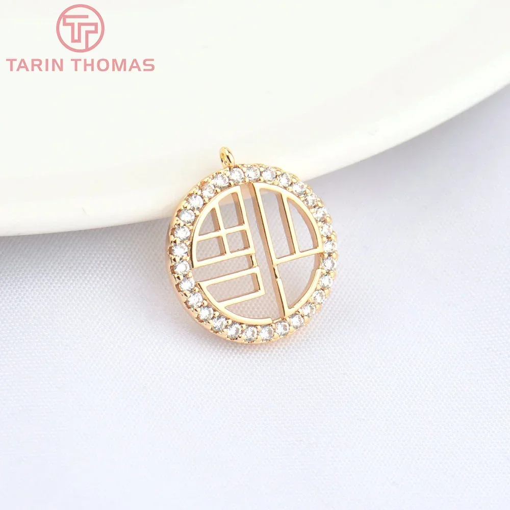 (4747) 4PCS 12.5MM 24K Gold Color Brass with Zircon Chinese Blessing Character Pendants DIY Jewelry Making Findings Wholesale