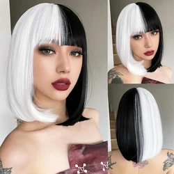 Half Black Half White Bob Wig with Bangs Short Straight Bob Wigs for Women Synthetic Straight Hair Wig for Girl Cosplay Party