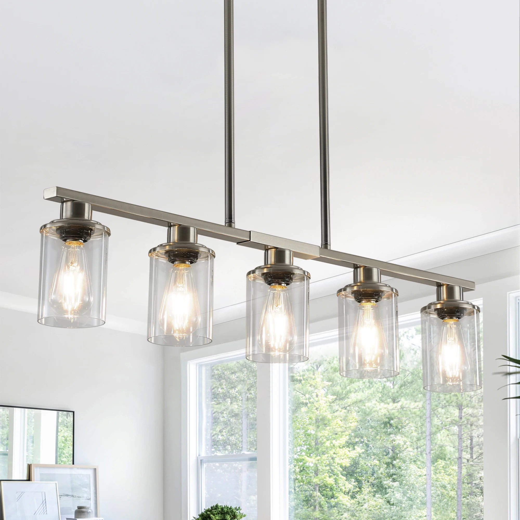 

Linear Kitchen Island Pendant Light 5-Light Dining Chandelier, Dining Room Lights with Clear Glass Shades, Adjustable Rods E26