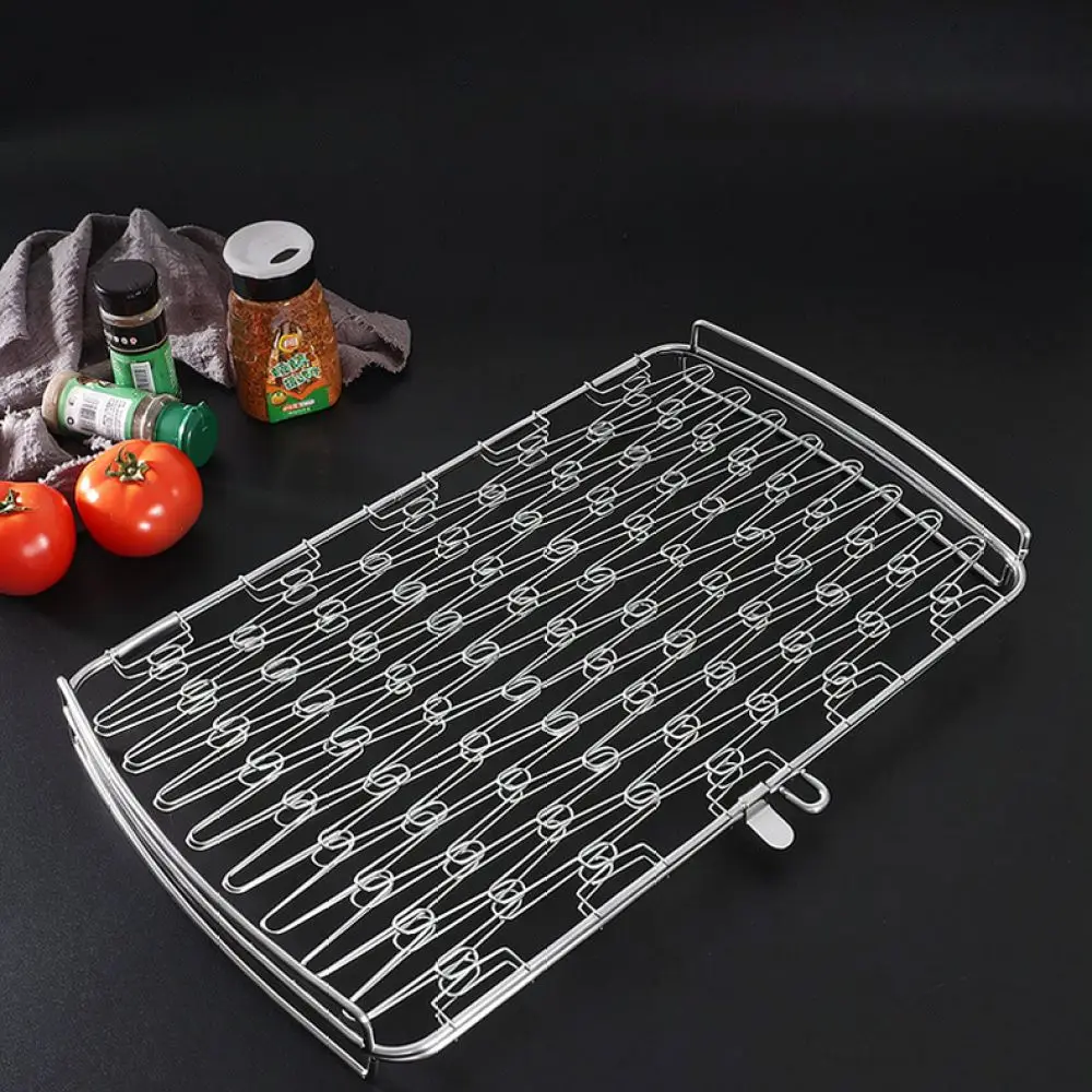 Portable Fish Grilling Basket Stainless Steel Bbq Rack With Wooden Handle Folding Tool For Outdoor Camping Picnic Cooking