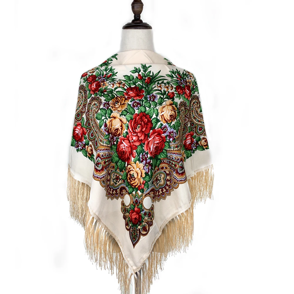 

115*115cm Luxury Floral Print Russian Square Scarf Women Traditional Ukrainian Fringed Shawl Bandana Babushka Head Wraps