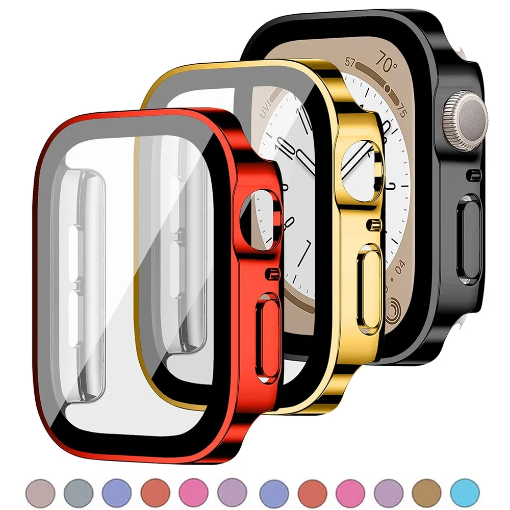 Glass+cover For Apple Watch case series 9 8 7 6 5 4 se 44mm 45mm 41/40mm PC Waterproof  Screen Protector apple watch Accessories