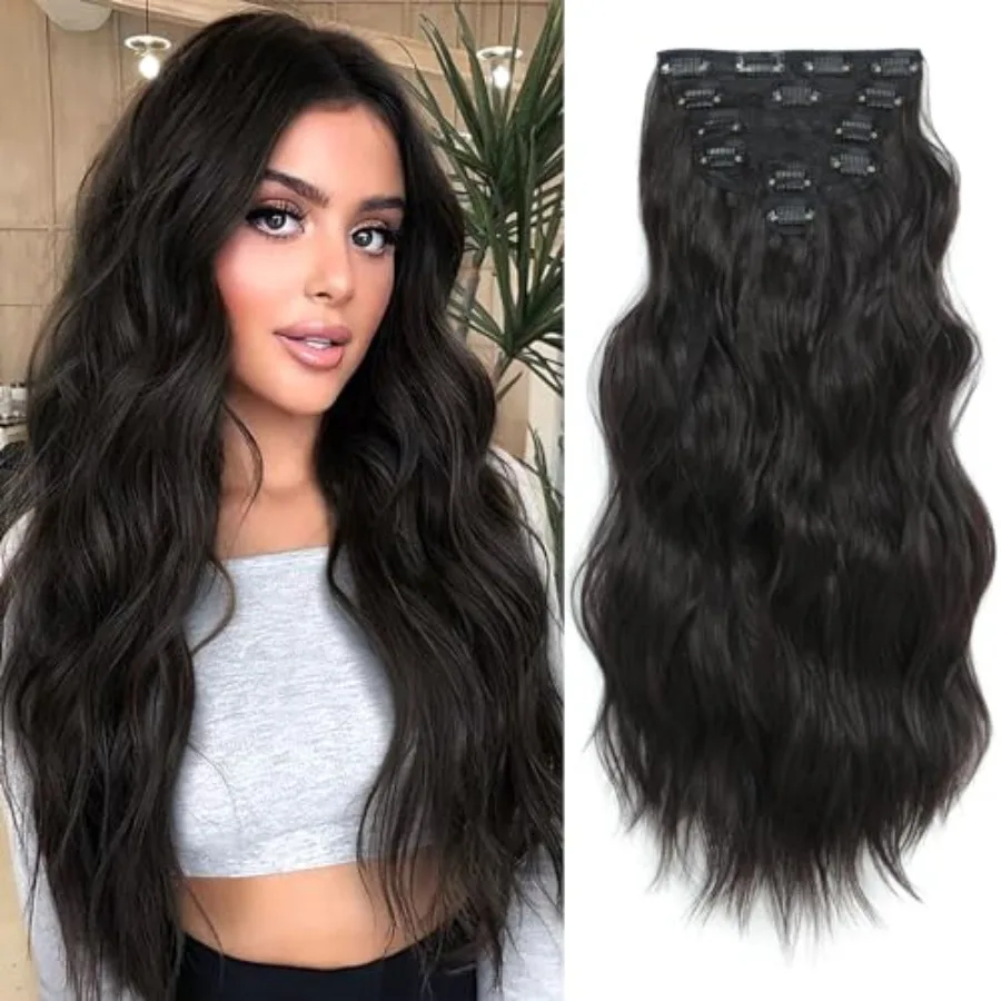 

Clip in Hair Extensions for Women, 6PCS Long Wavy Curly Clip on Hair Extensions 20 Inch Dark Brown Synthetic Hairpieces