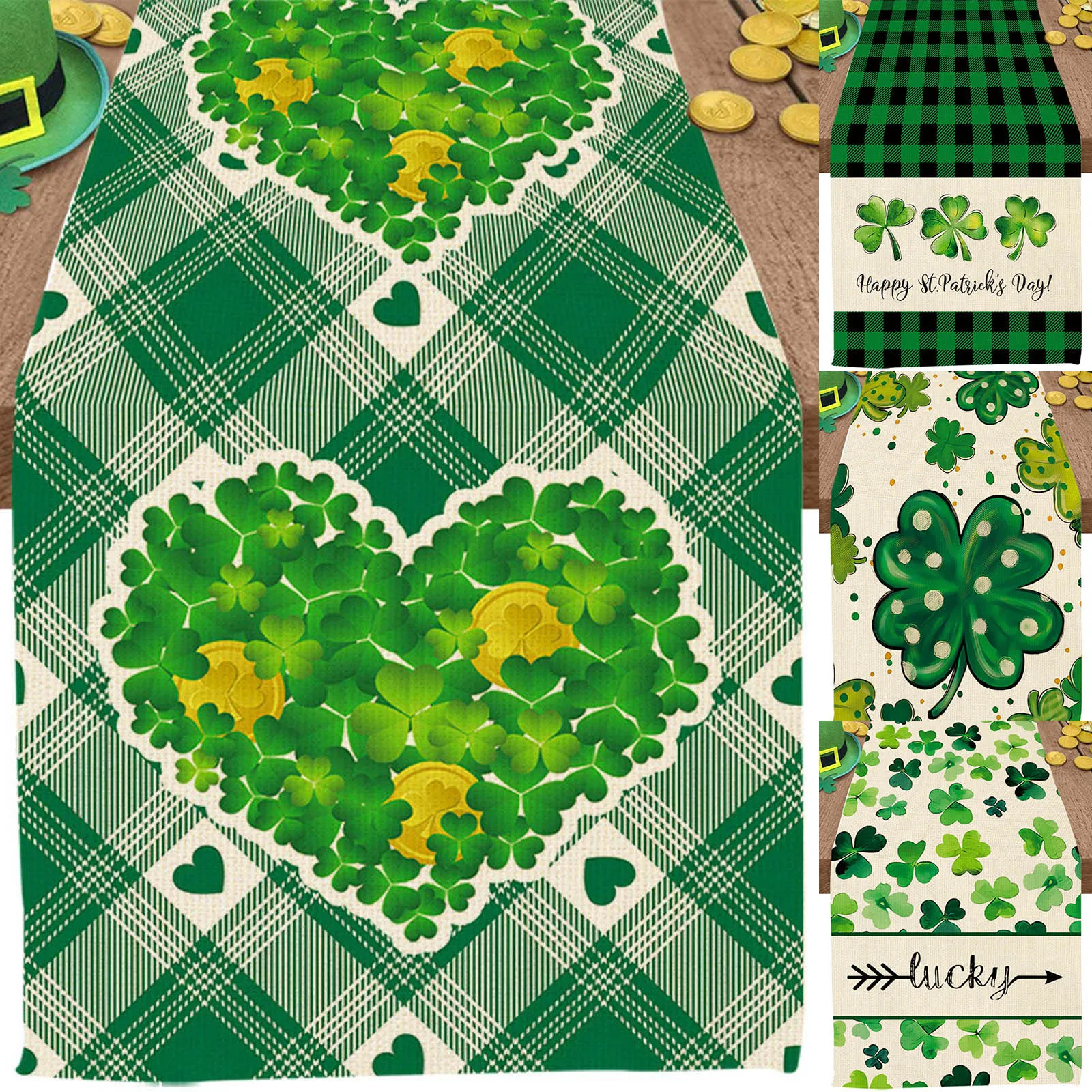 

St. Patrick's Day Table Flags Restaurant Tabletop Decoration Green Leaf Pattern Dining Table Festive Atmosphere Sequin Runners