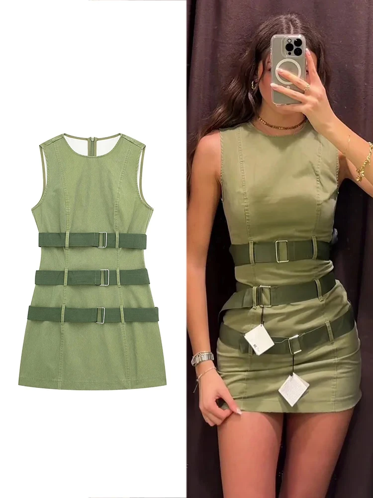 ZABA Women\'s Fashion Work Green Vest Wide Belt Dress French Sexy Sleeveless Dresses Sweetheart Dating High Street Party Womens