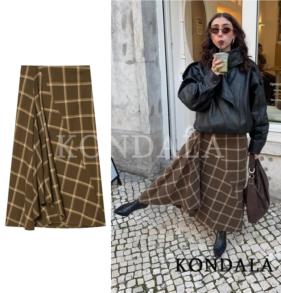 KONDALA Trendiger Vintage Karierter Rock Damen Eleganter High-Street Plissierter Midi-Rock 2026 Frühling Mode Urlaub Lässiger Damenrock