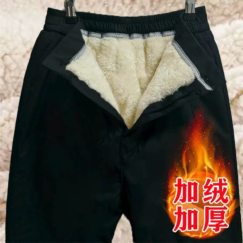 Men‘s Winter Thick Fleece Warm Casual Pants 2025 Male High-waisted Front Zipper Cotton Pants Father's Outerwear Windproof Pants