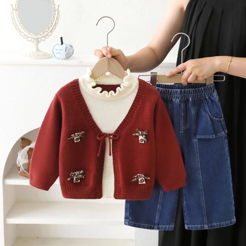 2026 Autumn and Winter Hot Selling Knitted Three-dimensional Bow Decoration Sweater Jacket and Jeans Two-piece Set