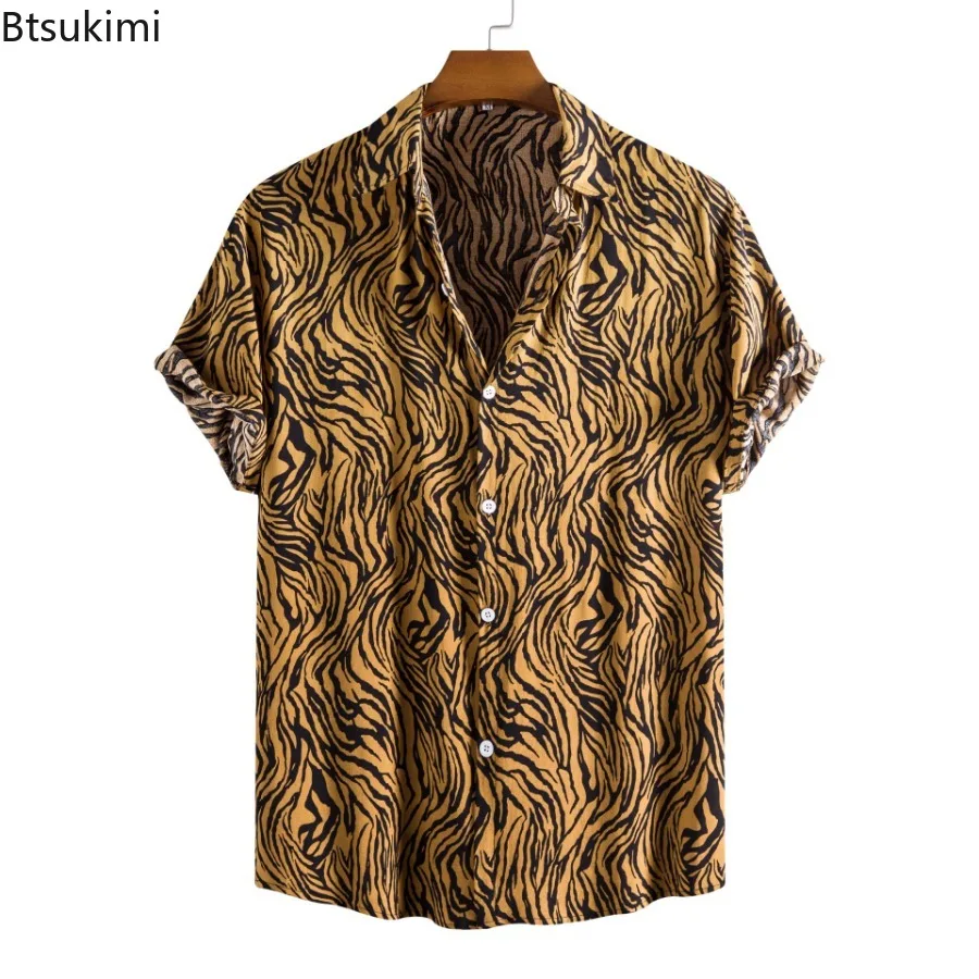 2024 Heren Casual Korte Mouwen Shirt Tops Mode Harajuku Hawaiian Strandblouses Persoonlijkheid Print Knoop Revers Vakantie Shirts