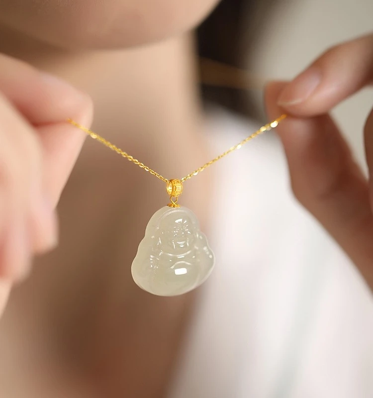 

8K Gold Plated Jade Buddha Pendant Nelace Women's Faion Jewelry Ele World Sle Leaning on Happin Pendant