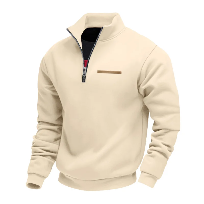 Men Heavyweight Fleece Lined Stand Collar Sweatshirt Autumn Winter Loose Color Stripe Warm Outdoor Sports Daily Male Outerwear
