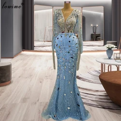 Sky Blue Mermaid Evening Dresses For Women Beaded Crystals Formal Occasion Dresses Robes De Soirée Long Sleeves Celebrity Dress