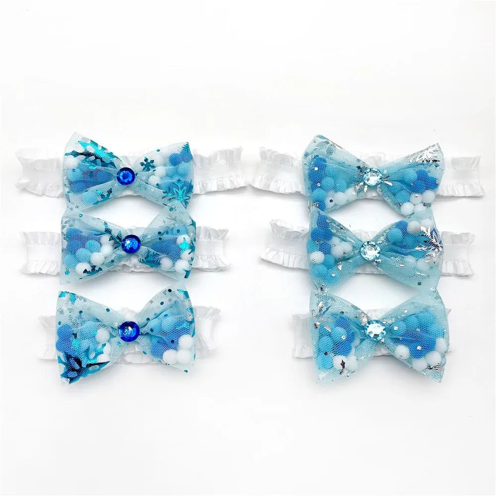 50pcs Cute Winter Style Small Dog Bow Tie Necktie Snowflake Blue Bows with Elastic Band for Small Dogs Cat Puppy Grooming Collar