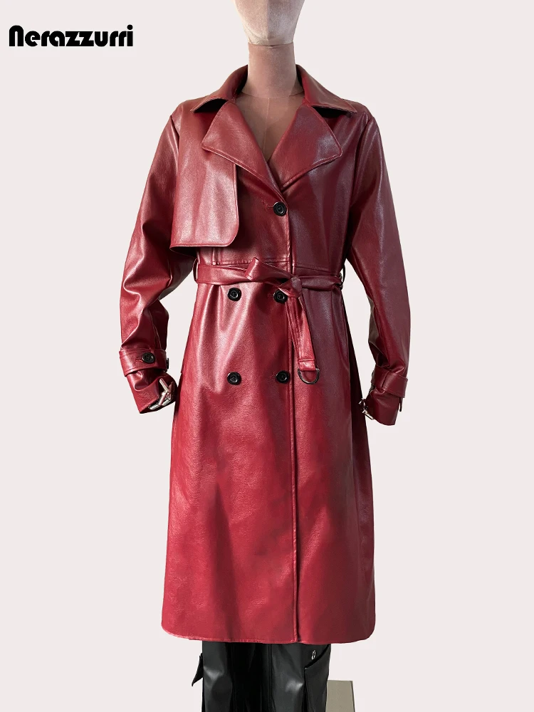 Nerazzurri Spring Autumn Long Waterproof Pu Leather Trench Coat for Women Belt Double Breasted Chic Elegant Luxury Clothing 2024